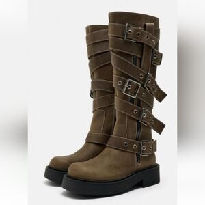 Zara Buckled Leather Knee High Boots Size 10